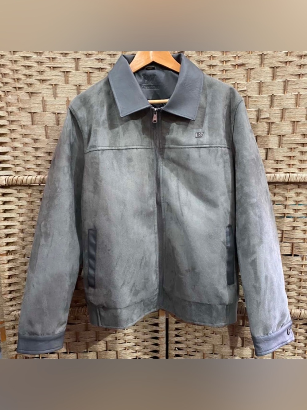 Men's Grey Suede Bomber Jacket with Contrast Trim